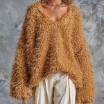 ElevenOra Chic Casual Camel V‑Neck Dropped-Shoulder Long-Sleeve Loose-Fit Shaggy Fuzzy Knit Sweater