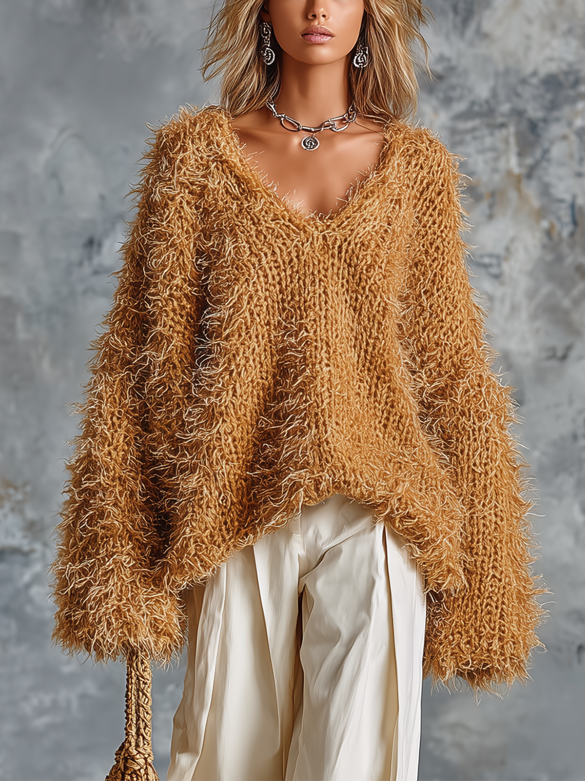 ElevenOra Chic Casual Camel V‑Neck Dropped-Shoulder Long-Sleeve Loose-Fit Shaggy Fuzzy Knit Sweater