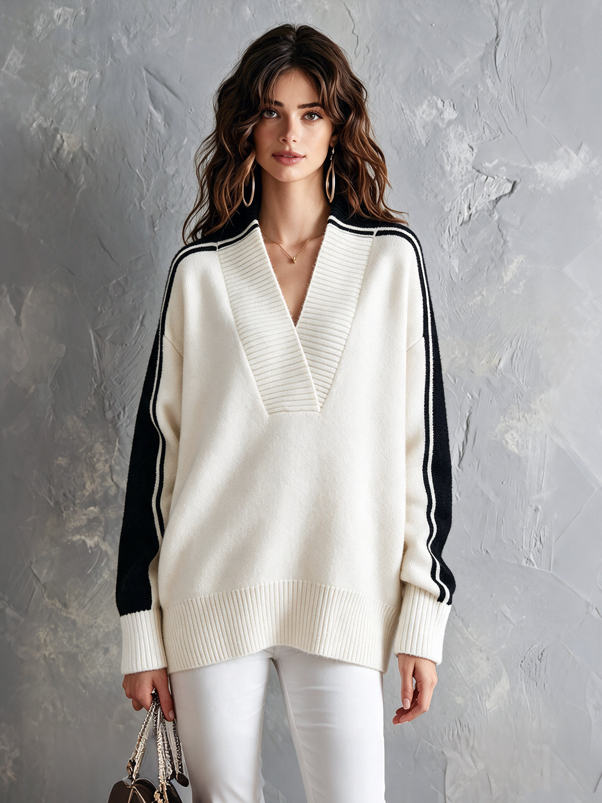 ElevenOra Chic Elegant Cream White-Black Colorblock V-Neck Long-Sleeve Loose-Fit Ribbed Detail Wool Blend Knit Sweater