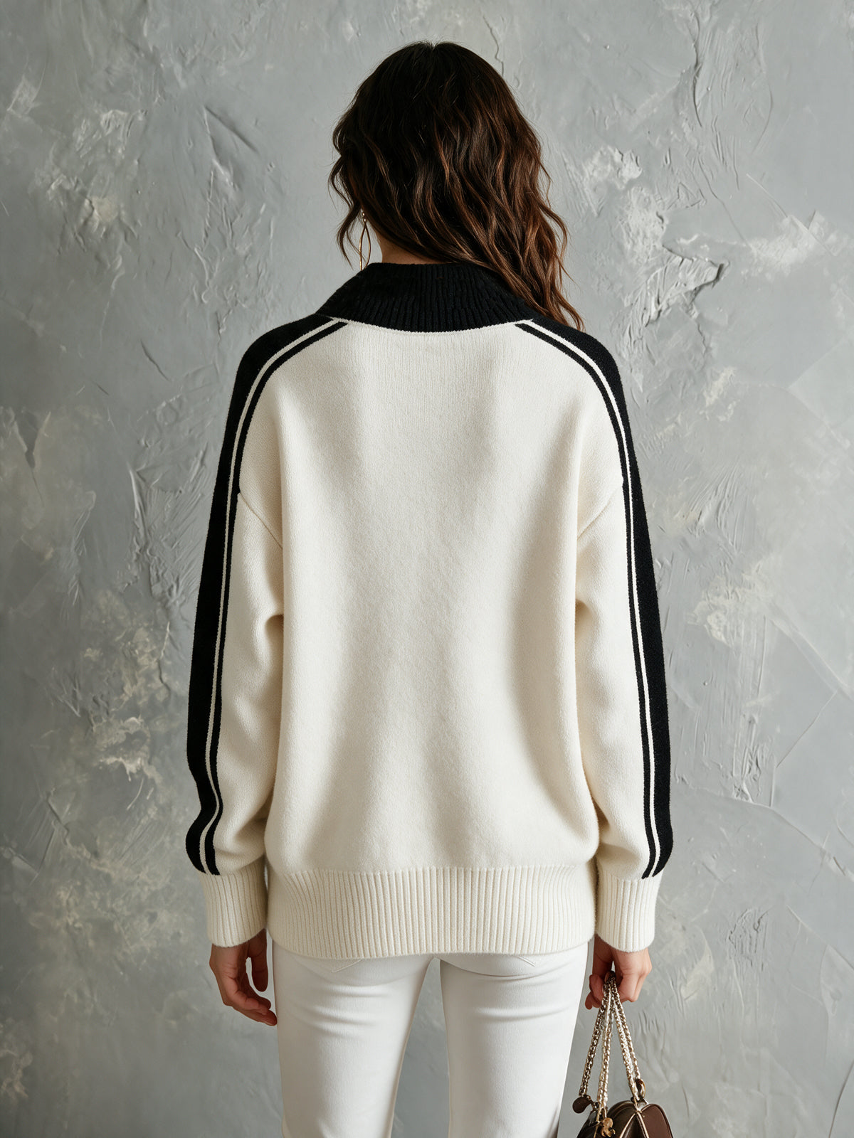 ElevenOra Chic Elegant Cream White-Black Colorblock V-Neck Long-Sleeve Loose-Fit Ribbed Detail Wool Blend Knit Sweater