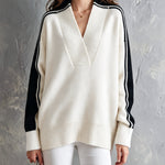 ElevenOra Chic Elegant Cream White-Black Colorblock V-Neck Long-Sleeve Loose-Fit Ribbed Detail Wool Blend Knit Sweater