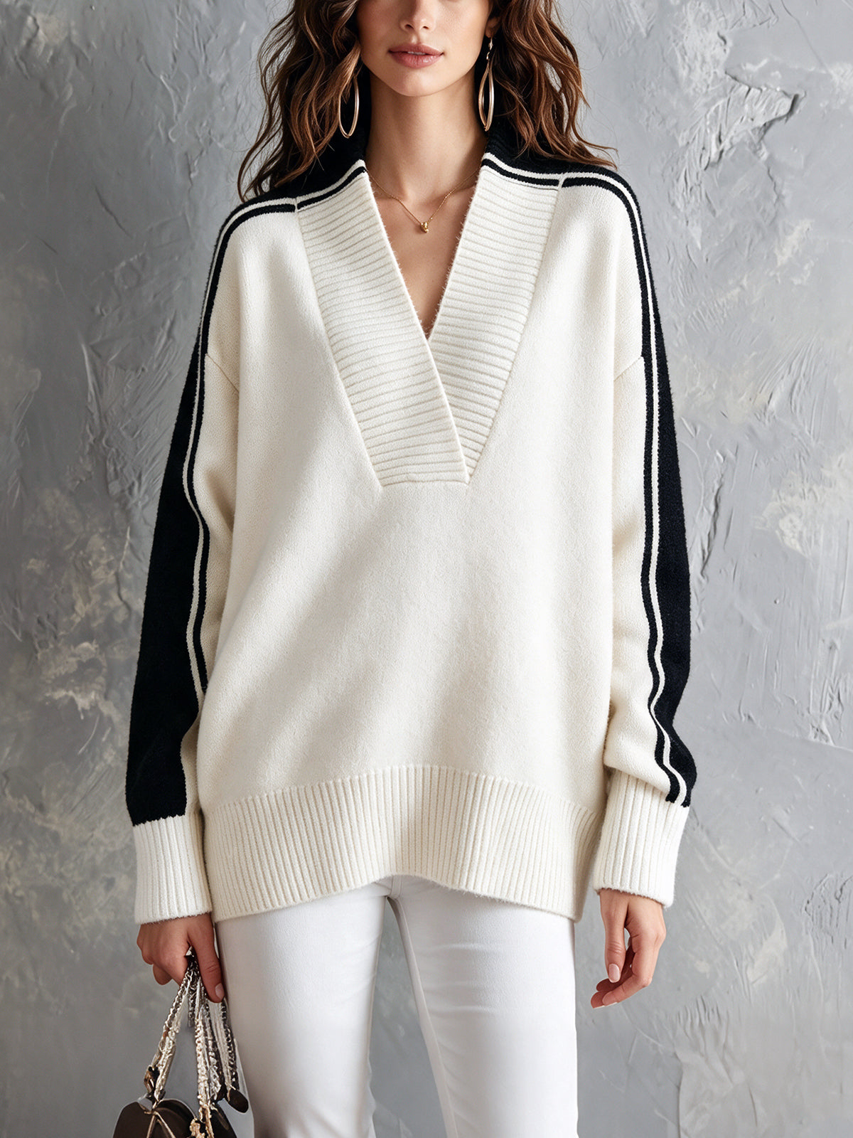 ElevenOra Chic Elegant Cream White-Black Colorblock V-Neck Long-Sleeve Loose-Fit Ribbed Detail Wool Blend Knit Sweater