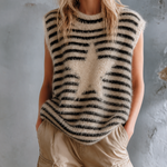 ElevenOra Chic Casual Off White-Black Stripes Star Jacquard Round Neck Sleeveless Loose-Fit Fuzzy Knit Vest Top