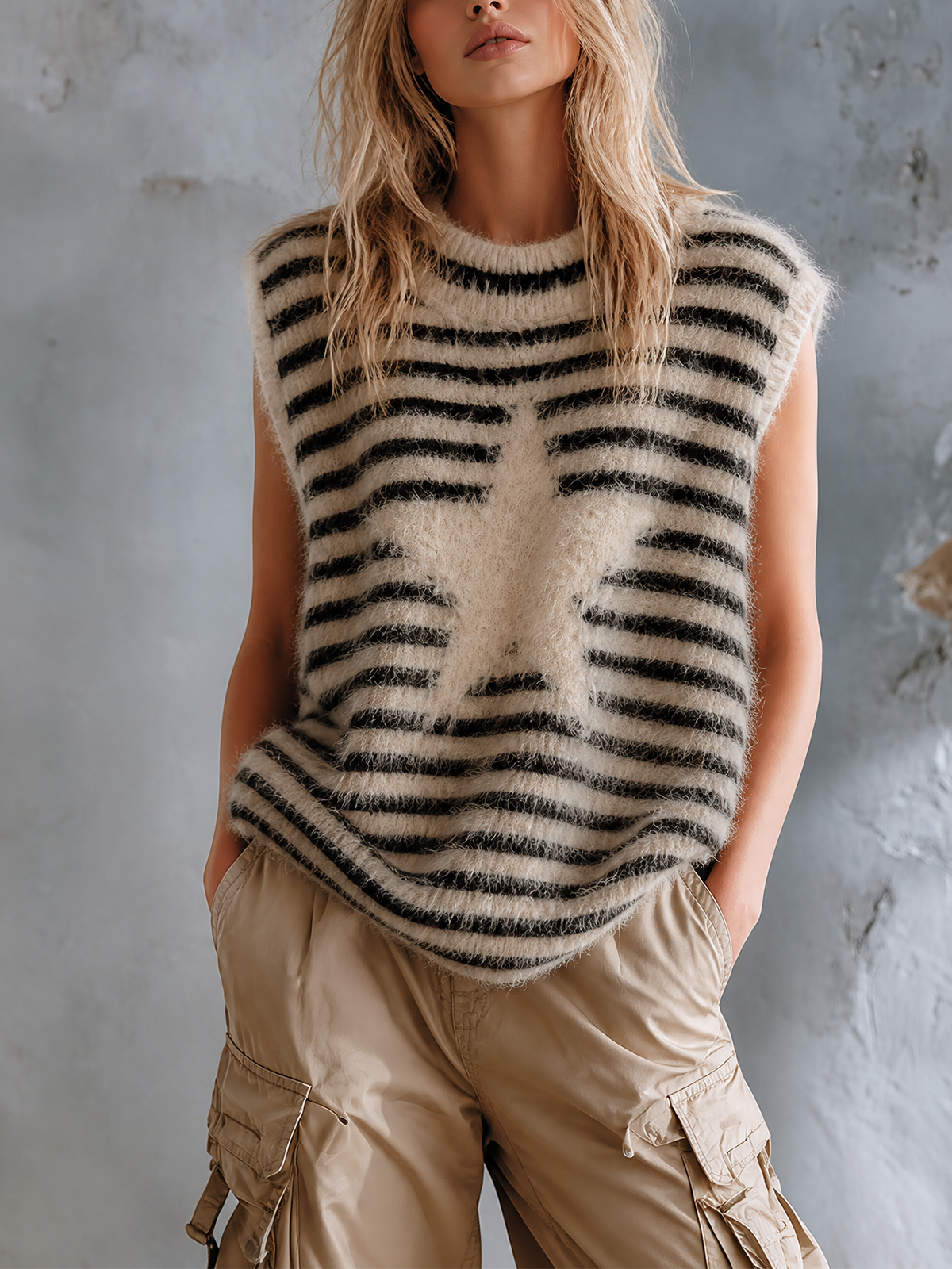 ElevenOra Chic Casual Off White-Black Stripes Star Jacquard Round Neck Sleeveless Loose-Fit Fuzzy Knit Vest Top