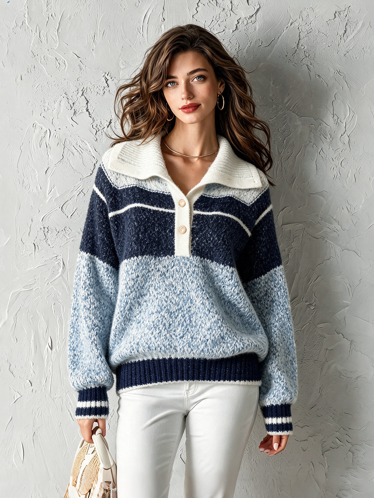 ElevenOra Chic Casual Blue-Navy-White Colorblock Button-Up Lapel Collar Long-Sleeve Loose-Fit Warm Wool Blend Knit Sweater