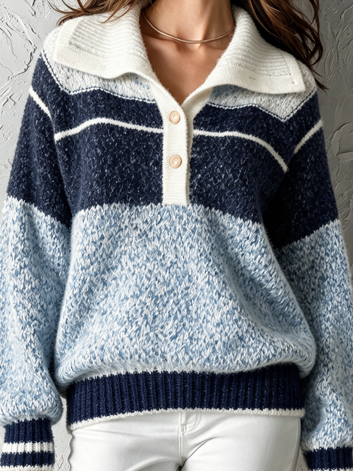 ElevenOra Chic Casual Blue-Navy-White Colorblock Button-Up Lapel Collar Long-Sleeve Loose-Fit Warm Wool Blend Knit Sweater