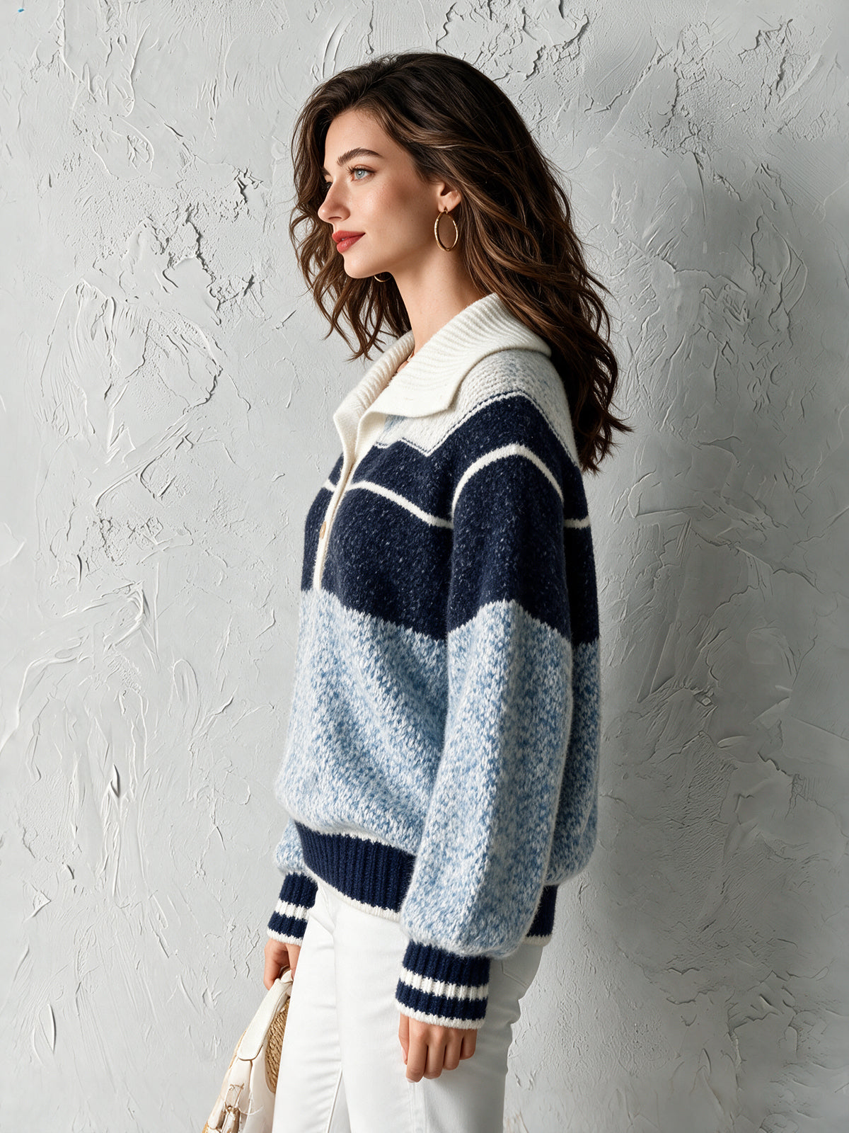 ElevenOra Chic Casual Blue-Navy-White Colorblock Button-Up Lapel Collar Long-Sleeve Loose-Fit Warm Wool Blend Knit Sweater