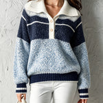 ElevenOra Chic Casual Blue-Navy-White Colorblock Button-Up Lapel Collar Long-Sleeve Loose-Fit Warm Wool Blend Knit Sweater