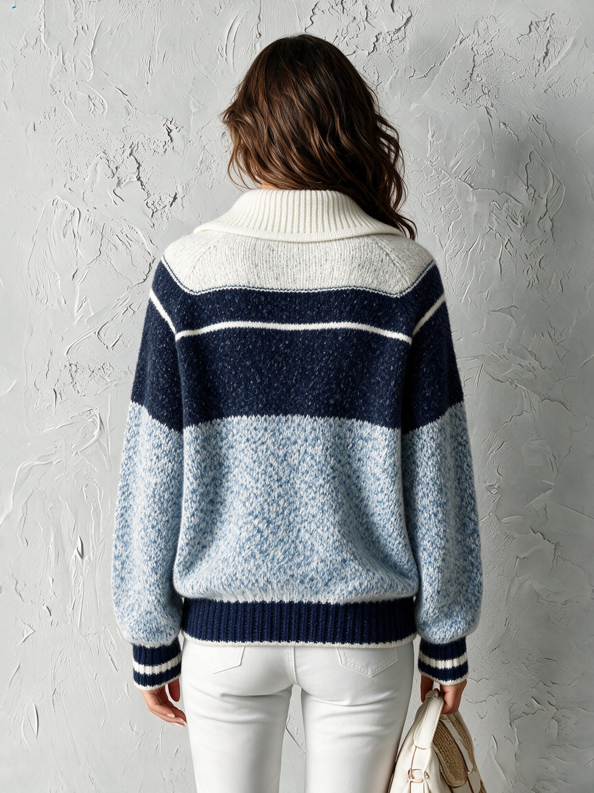 ElevenOra Chic Casual Blue-Navy-White Colorblock Button-Up Lapel Collar Long-Sleeve Loose-Fit Warm Wool Blend Knit Sweater
