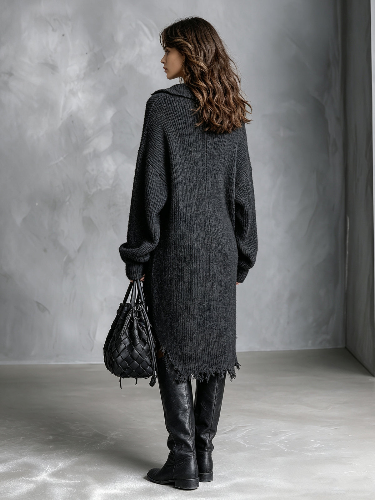 ElevenOra Chic Casual Black Lapel V-Neck Long-Sleeve Raw Edge Detail Asymmetrical Hem Loose-Fit Wool Blend Knit Midi Dress
