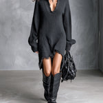ElevenOra Chic Casual Black Lapel V-Neck Long-Sleeve Raw Edge Detail Asymmetrical Hem Loose-Fit Wool Blend Knit Midi Dress