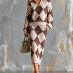 ElevenOra Chic Elegant Off White-Brown Diamond Jacquard Lapel V-Neck Long Sleeve Loose-Fit Sweater High‑Waist Midi Skirt Soft Fuzzy Knit Two-Piece Set