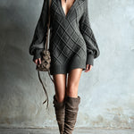 ElevenOra Chic Casual Gray 3D Argyle Pattern Jacquard Lapel V-Neck Long-Lantern-Sleeve Slim-Fit Wool Blend Knit Mini Dress