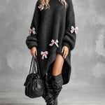 ElevenOra Chic Elegant Black Turtleneck Long-Lantern-Sleeve Bow-Knot Detail Asymmetrical Hem Oversized Mohair Blend Knit Midi Dress