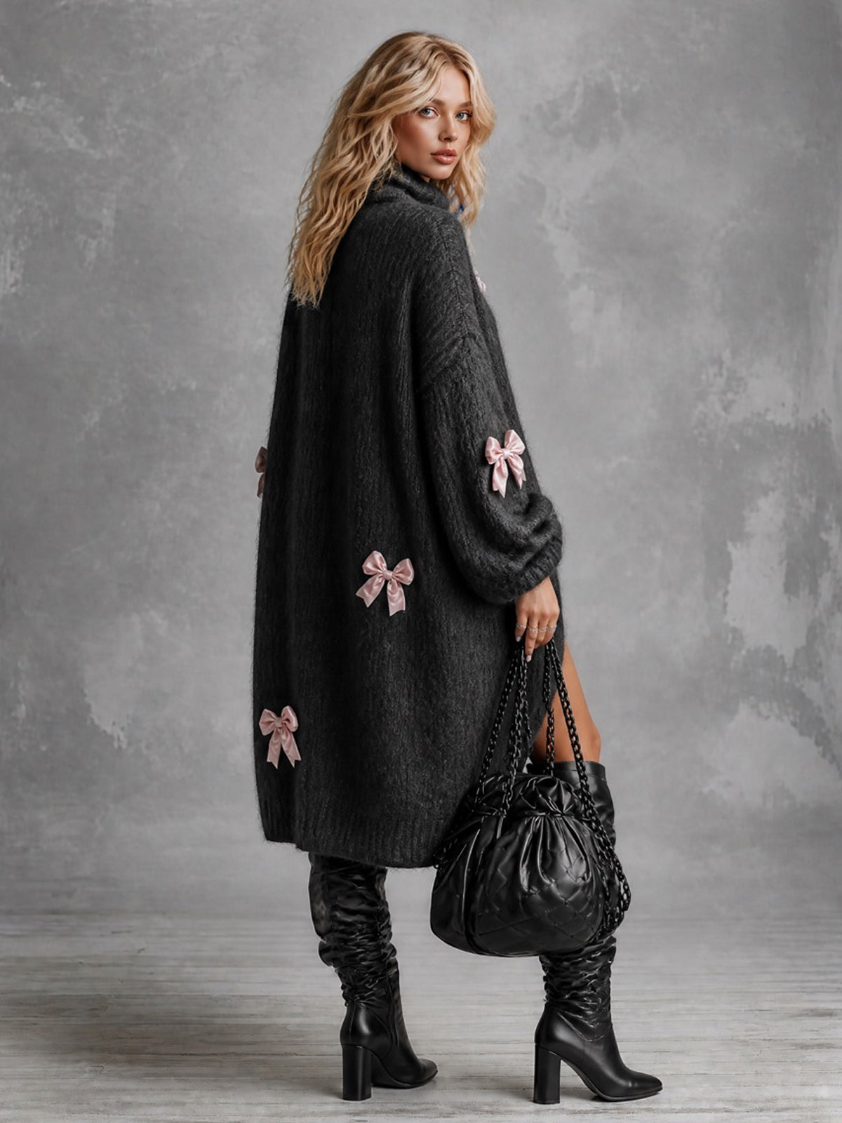 ElevenOra Chic Elegant Black Turtleneck Long-Lantern-Sleeve Bow-Knot Detail Asymmetrical Hem Oversized Mohair Blend Knit Midi Dress