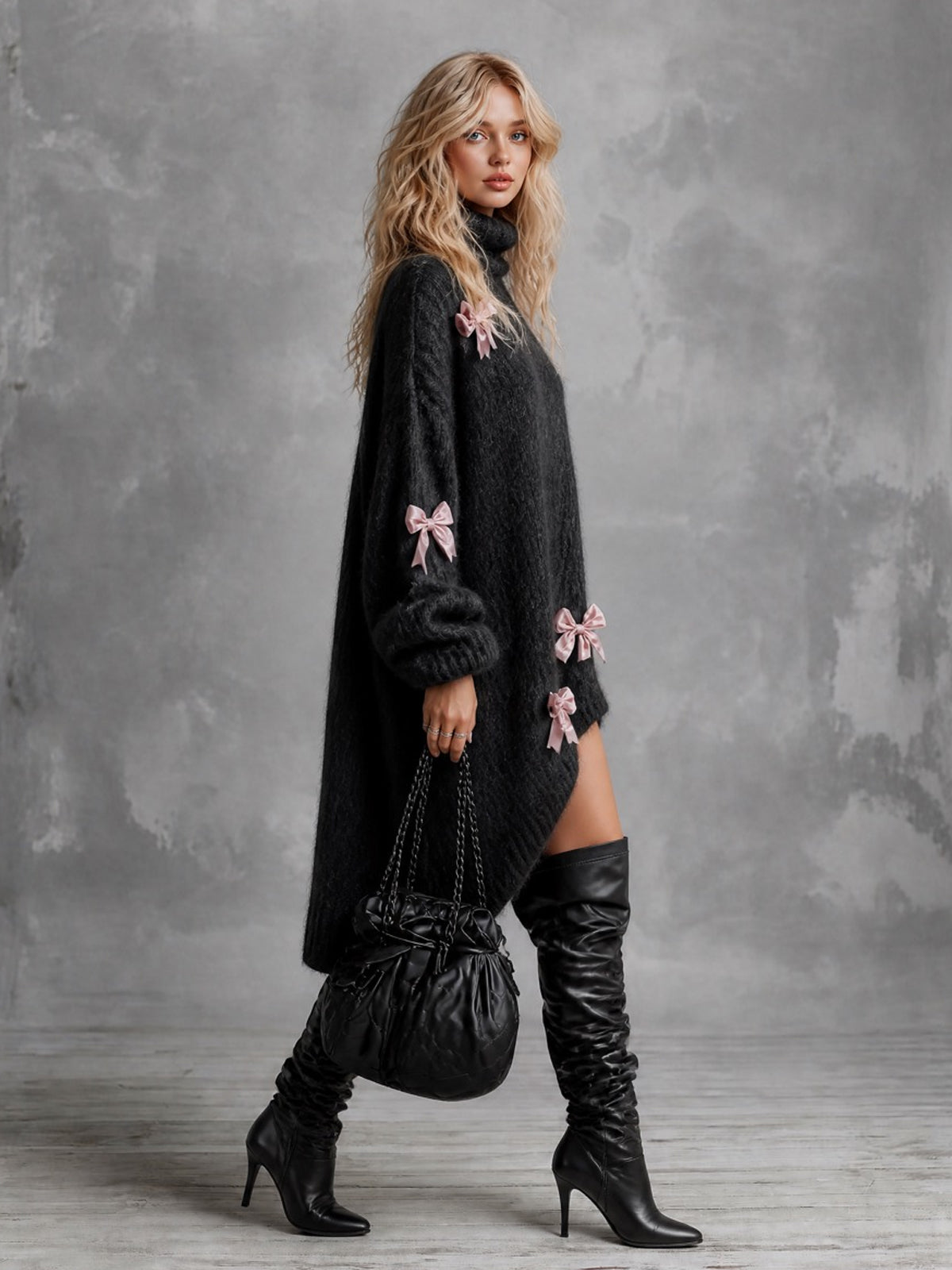 ElevenOra Chic Elegant Black Turtleneck Long-Lantern-Sleeve Bow-Knot Detail Asymmetrical Hem Oversized Mohair Blend Knit Midi Dress