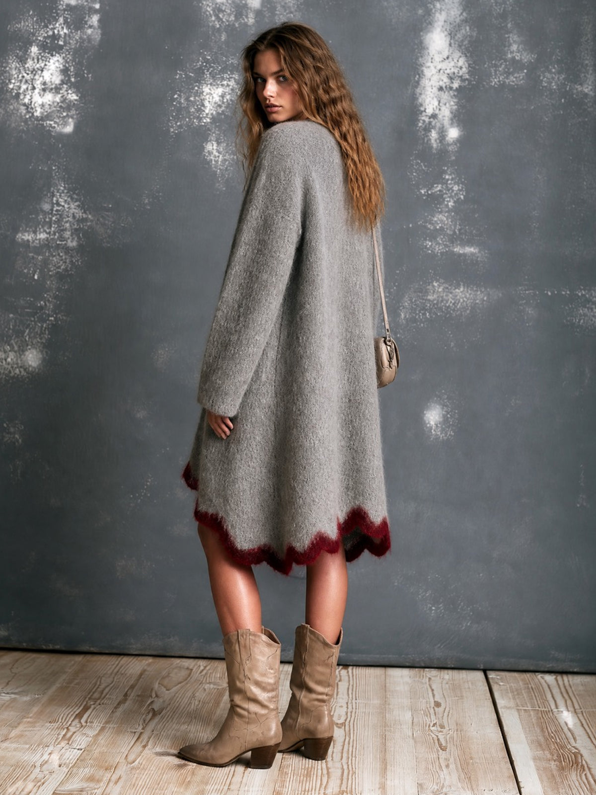 ElevenOra Chic Elegant Gray V-Neck Single-Breasted Long-Sleeve Red Trim Detail Loose-Fit Mohair Blend Knit Midi Dress