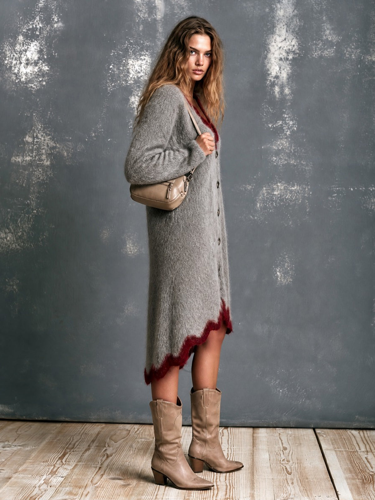 ElevenOra Chic Elegant Gray V-Neck Single-Breasted Long-Sleeve Red Trim Detail Loose-Fit Mohair Blend Knit Midi Dress