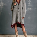 ElevenOra Chic Elegant Gray V-Neck Single-Breasted Long-Sleeve Red Trim Detail Loose-Fit Mohair Blend Knit Midi Dress