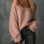 ElevenOra Chic Casual Dusty Pink Off‑Shoulder Dropped-Shoulder Long-Sleeve Loose-Fit Fuzzy Knit Sweater