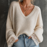 ElevenOra Chic Casual Off White V‑Neck Dropped-Shoulder Long-Sleeve Lace Trim Loose-Fit Knit Sweater