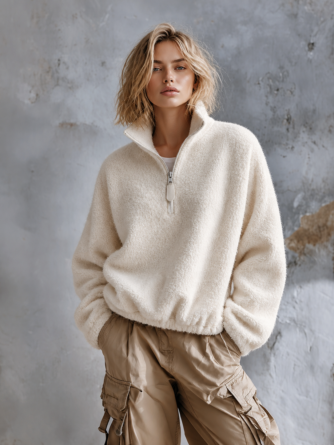 ElevenOra Chic Casual Off White Stand Collar Half‑Zip Dropped-Shoulder Long-Sleeve Elastic Hem Loose-Fit Sherpa Fleece Sweatshirt
