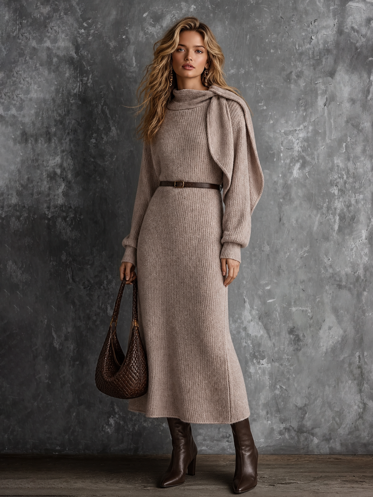 ElevenOra Chic Elegant Taupe Scarf Cowl Neck Long-Sleeve Leather Belt Loose-Fit A‑line Ribbed Wool‑Blend Knit Maxi Dress