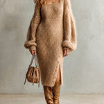 ElevenOra Chic Elegant Camel Square-Neck Dropped-Shoulder Long-Lantern-Sleeve Side-Slit Button Detail Loose-Fit Mohair Knit Midi Dress