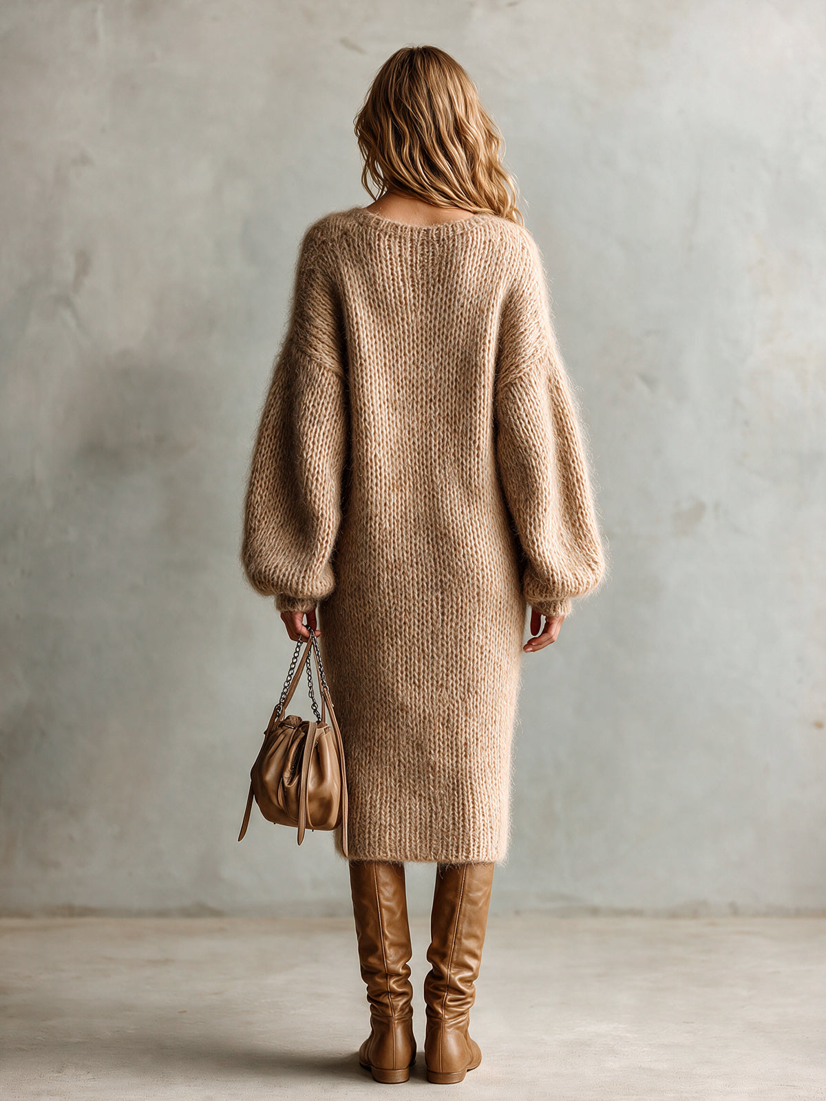 ElevenOra Chic Elegant Camel Square-Neck Dropped-Shoulder Long-Lantern-Sleeve Side-Slit Button Detail Loose-Fit Mohair Knit Midi Dress