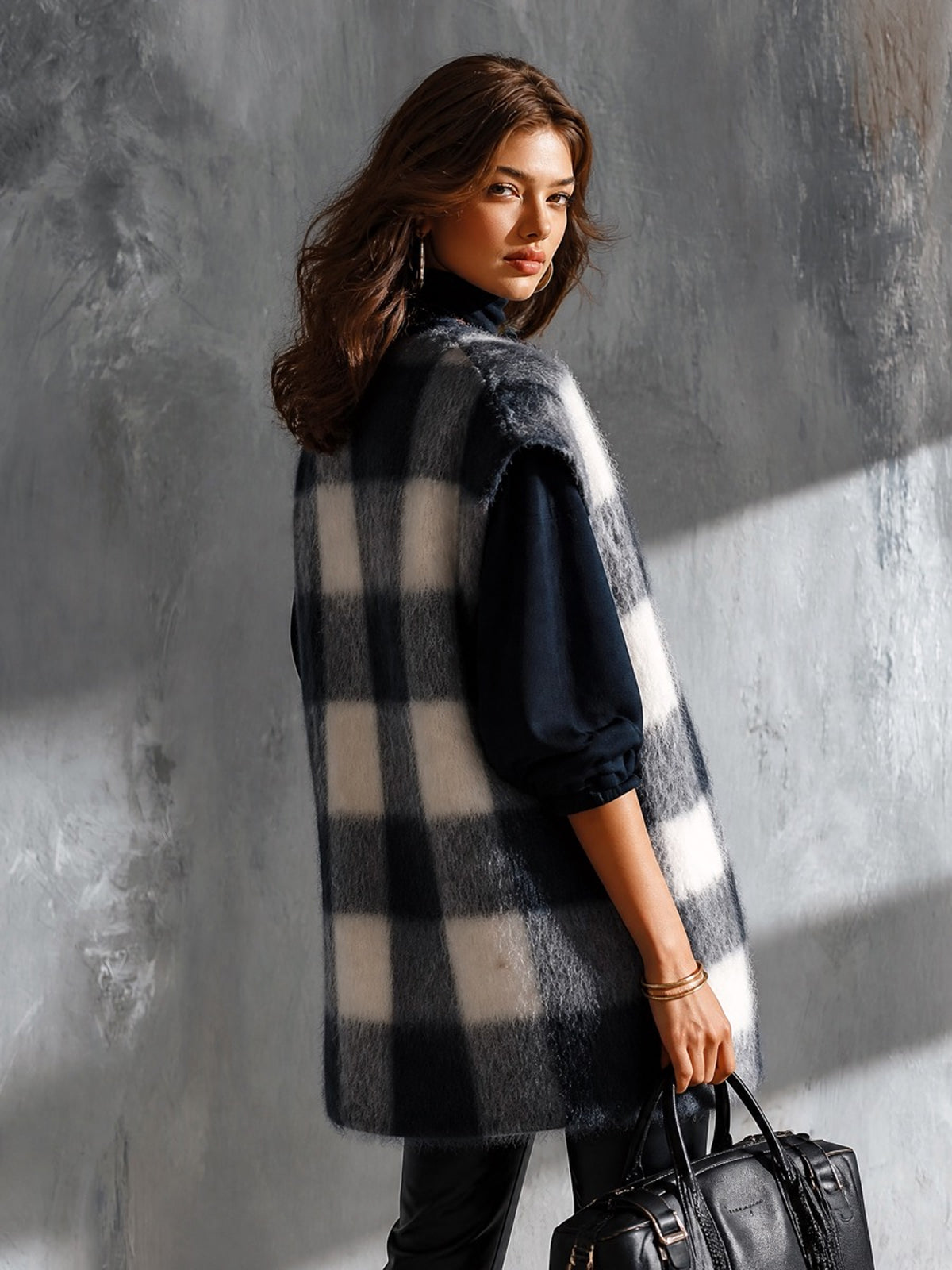 ElevenOra Chic Elegant Dark Blue-White Plaid Jacquard V-Neck Loose-Fit Soft Mohair Blend Knit Vest