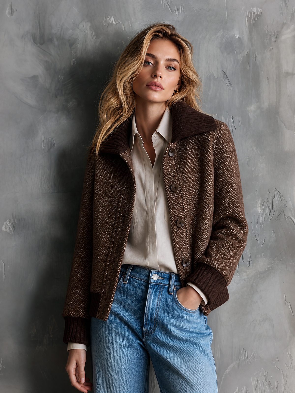 ElevenOra Chic Casual Brown Lapel-Collar Single-Breasted Long-Sleeve Loose-Fit Wool Blend Cropped Jacket