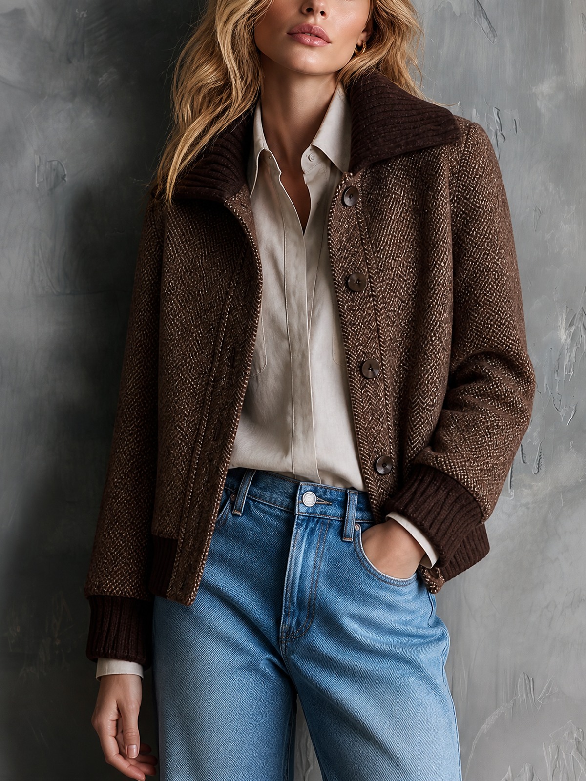 ElevenOra Chic Casual Brown Lapel-Collar Single-Breasted Long-Sleeve Loose-Fit Wool Blend Cropped Jacket