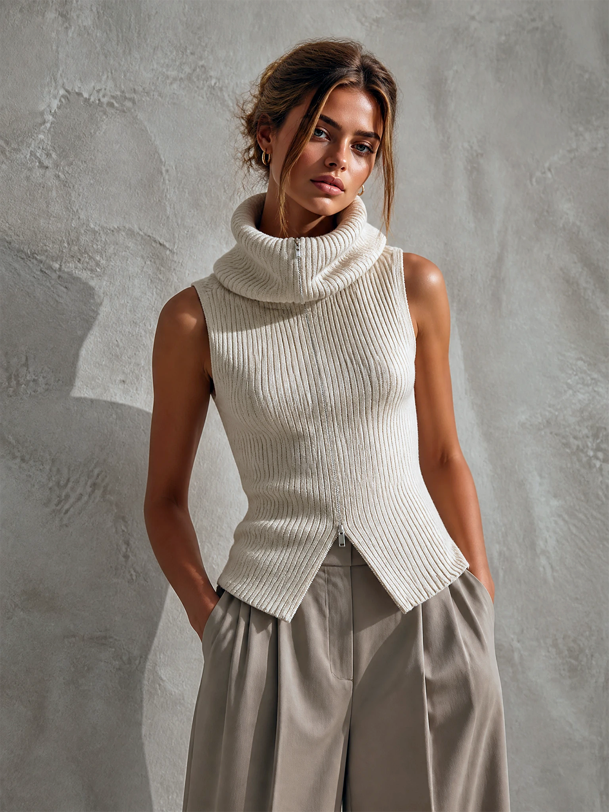 ElevenOra Chic Casual Off‑White Cowl Neck Full‑Zip Sleeveless Loose-Fit Ribbed Knit Tank Top