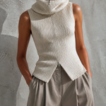 ElevenOra Chic Casual Off‑White Cowl Neck Full‑Zip Sleeveless Loose-Fit Ribbed Knit Tank Top