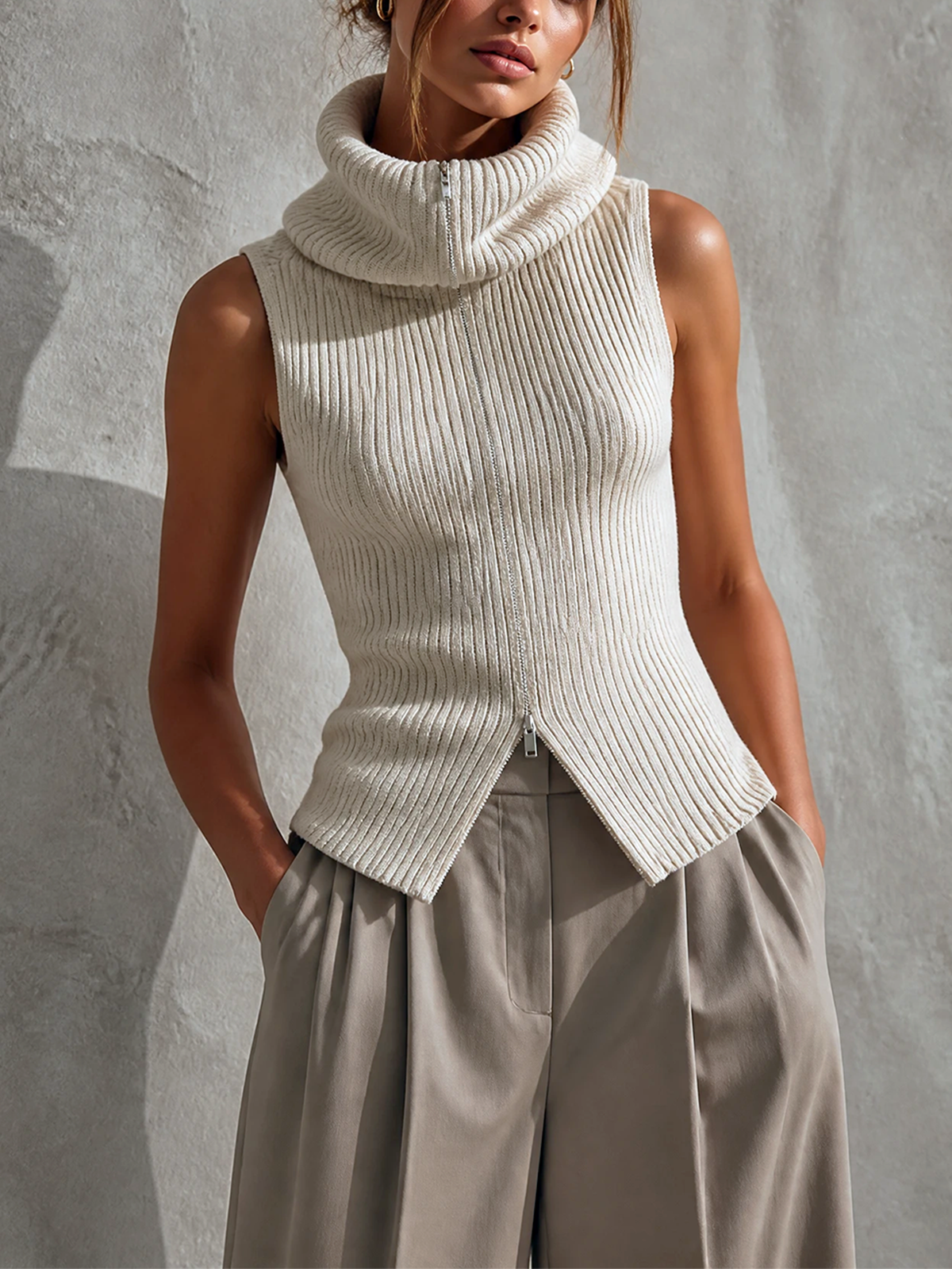 ElevenOra Chic Casual Off‑White Cowl Neck Full‑Zip Sleeveless Loose-Fit Ribbed Knit Tank Top