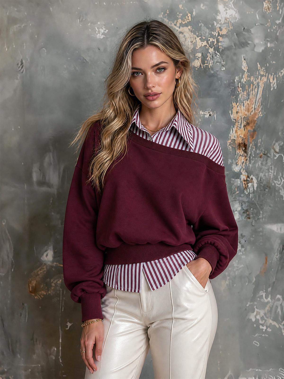 ElevenOra Chic Casual Burgundy Contrast Stripe Off‑Shoulder Faux Two‑Piece Lapel-Collar Long-Sleeve Loose-Fit French Terry Sweatshirt