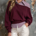 ElevenOra Chic Casual Burgundy Contrast Stripe Off‑Shoulder Faux Two‑Piece Lapel-Collar Long-Sleeve Loose-Fit French Terry Sweatshirt