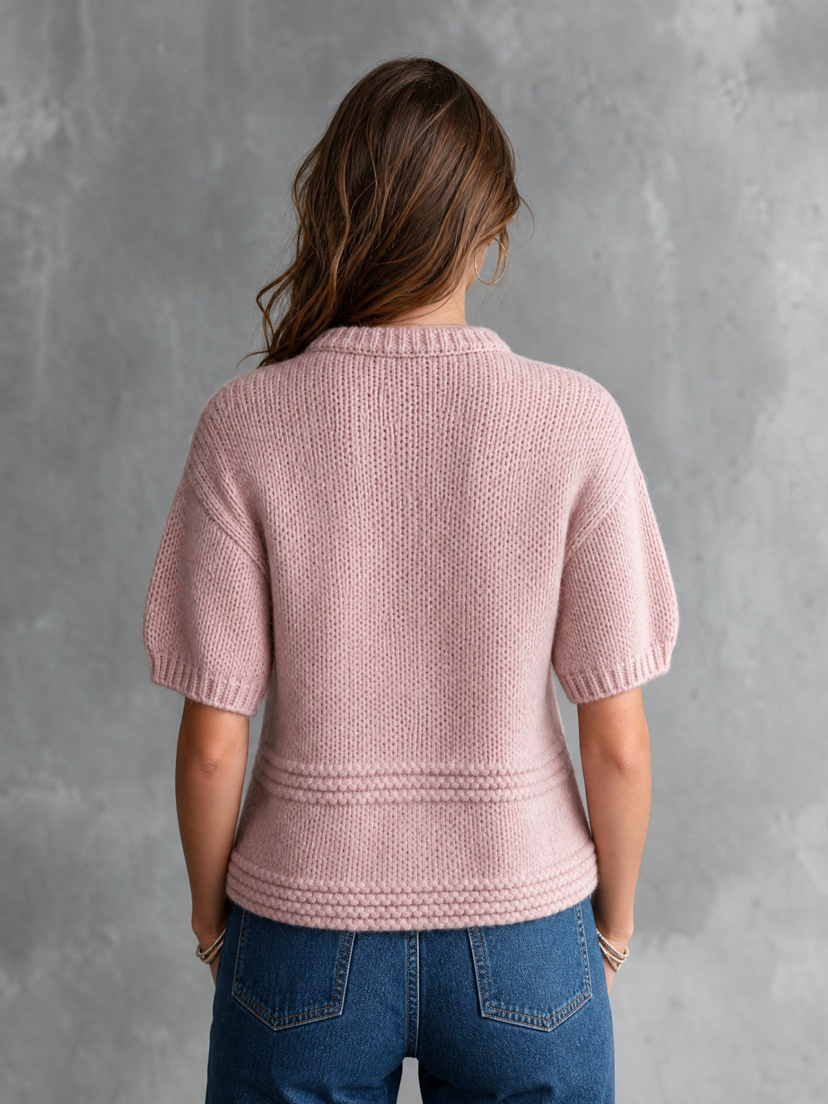 ElevenOra Chic Elegant Pink Round-Neck Dropped-Shoulder Short-Sleeve Loose-Fit Wool Blend Knit Sweater Top