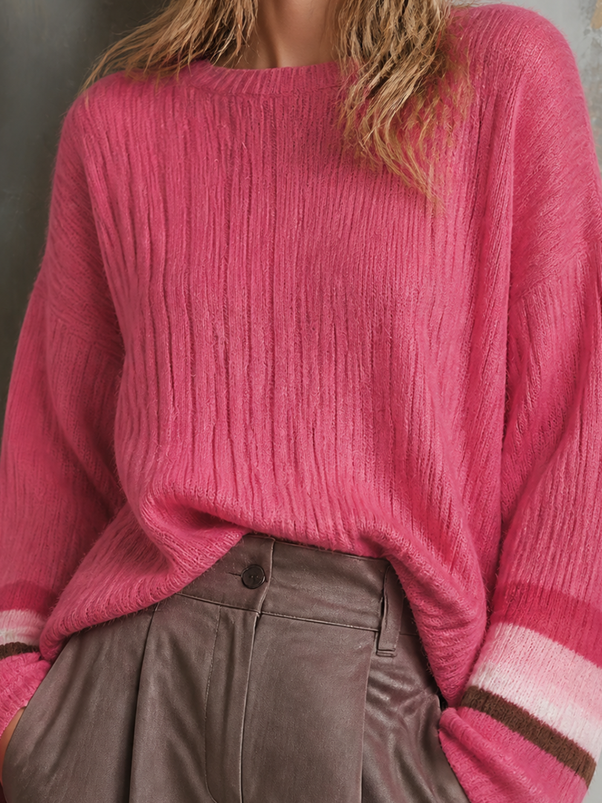 ElevenOra Chic Casual Hot Pink Round-Neck Colorblock Striped Cuffs Dropped-Shoulder Long-Sleeve Loose-Fit Knit Sweater