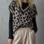 ElevenOra Chic Elegant Taupe-Brown Leopard Jacquard V-Neck Cap Sleeve Loose-Fit Wool‑Blend Knit Vest Top