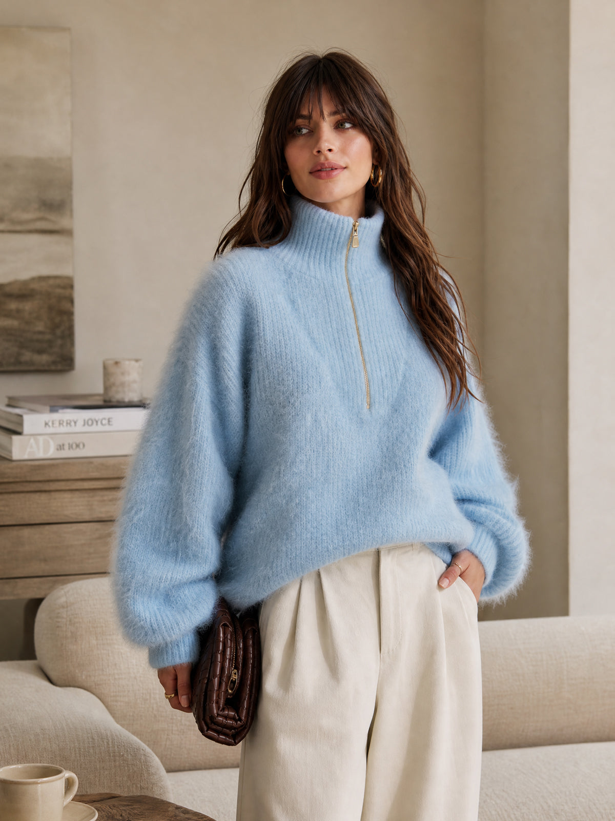 ElevenOra Chic Elegant Blue Zipper-Up Turtleneck Dropped-Shoulder Long-Lantern-Sleeve Loose-Fit Mohair Blend Knit Sweater