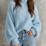 ElevenOra Chic Elegant Blue Zipper-Up Turtleneck Dropped-Shoulder Long-Lantern-Sleeve Loose-Fit Mohair Blend Knit Sweater