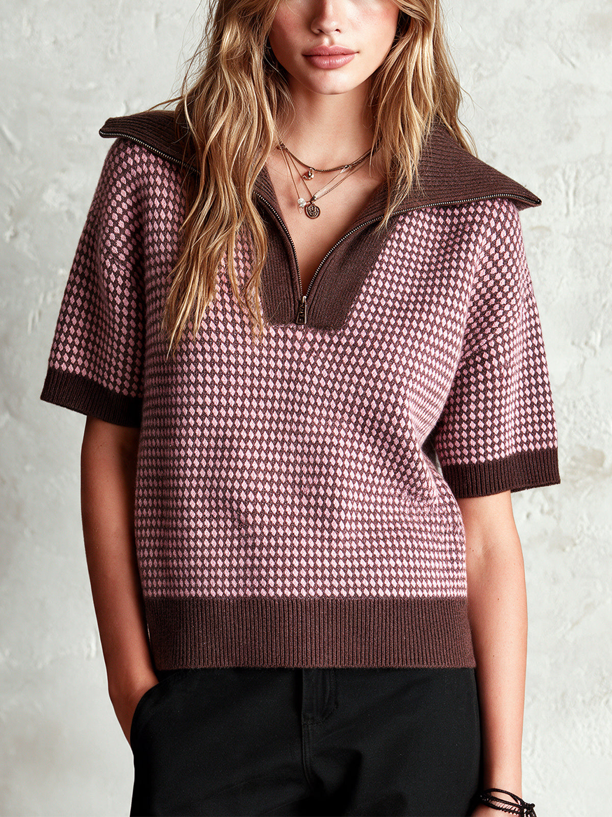 ElevenOra Chic Elegant Brown-Pink Colorblock Zipper-Up Lapel Collar Short-Sleeve Loose-Fit Wool Blend Knit Sweater