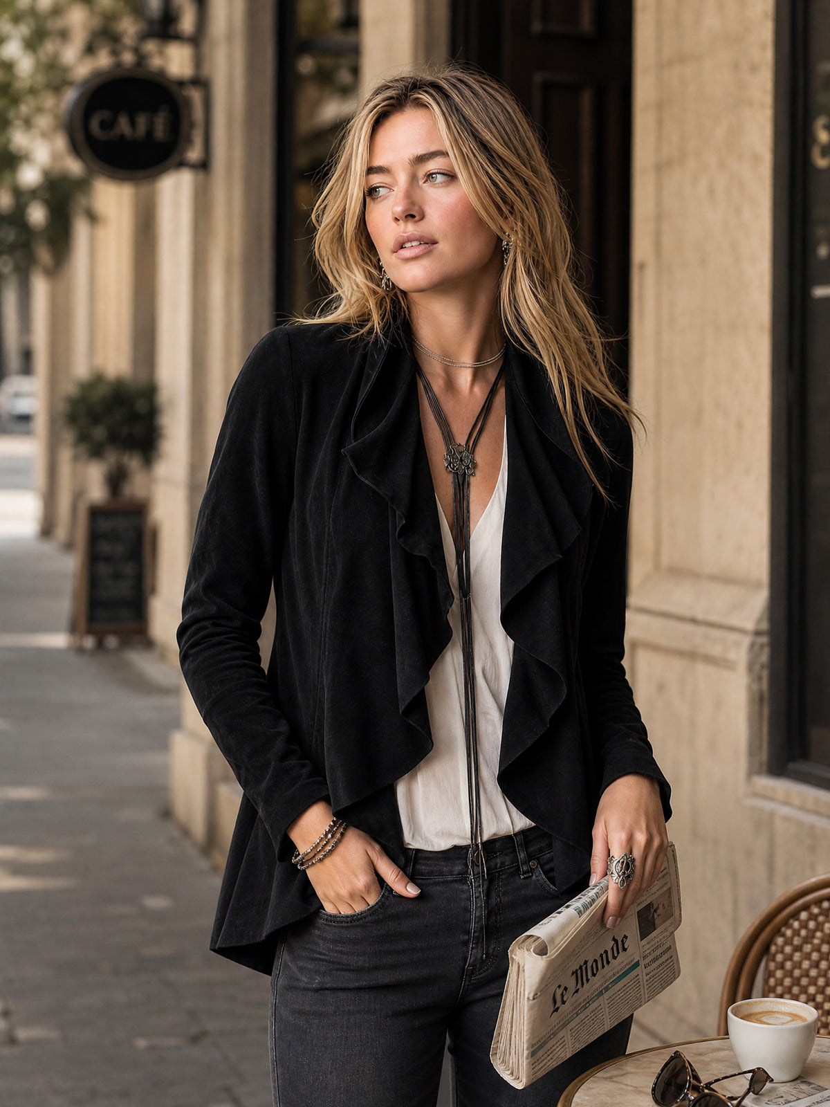 ElevenOra Chic Elegant Black Velvet Draped-Collar Ruched Detail Long-Sleeve Slim-Fit Cardigan