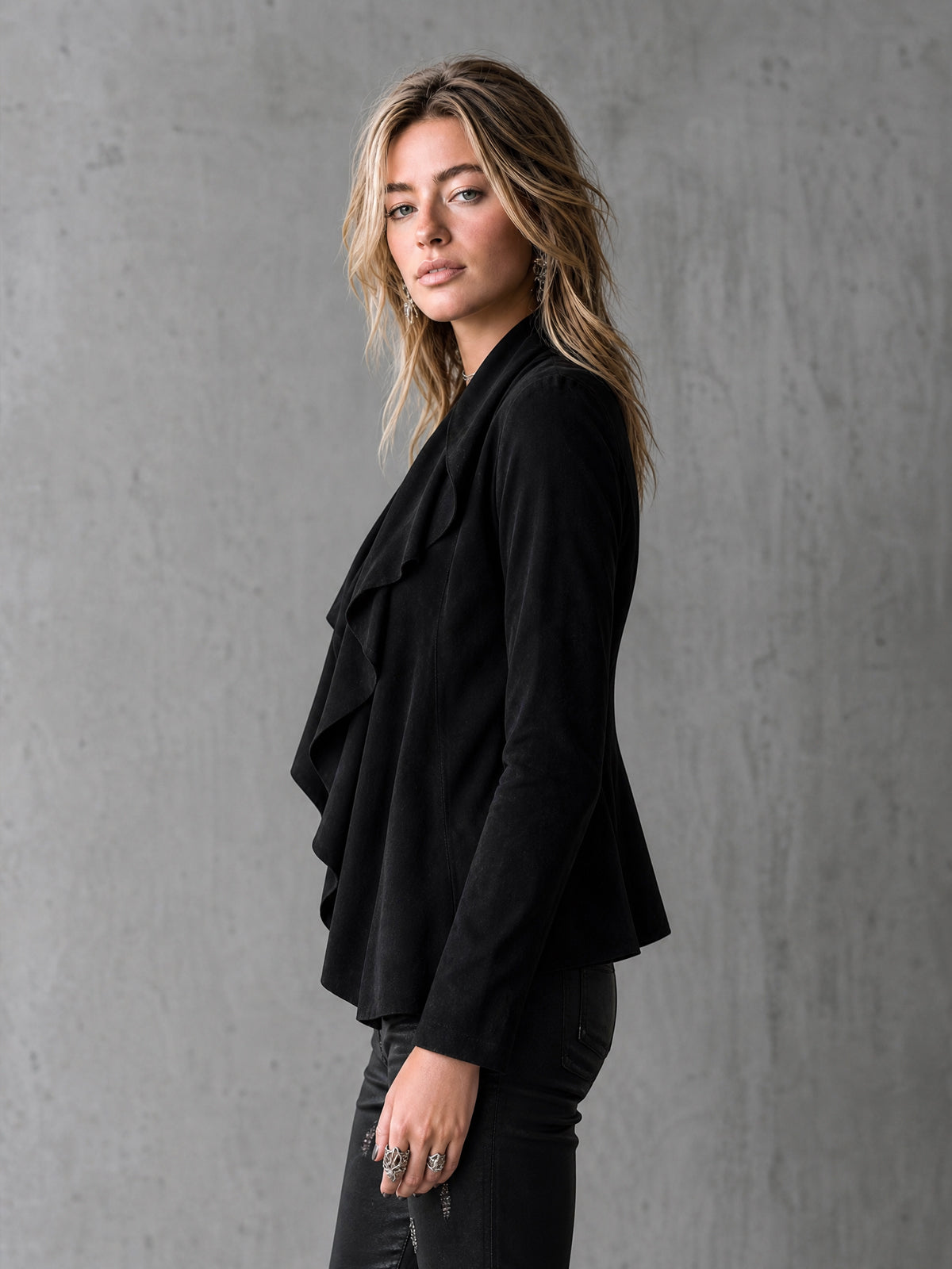 ElevenOra Chic Elegant Black Velvet Draped-Collar Ruched Detail Long-Sleeve Slim-Fit Cardigan