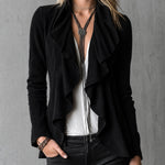 ElevenOra Chic Elegant Black Velvet Draped-Collar Ruched Detail Long-Sleeve Slim-Fit Cardigan