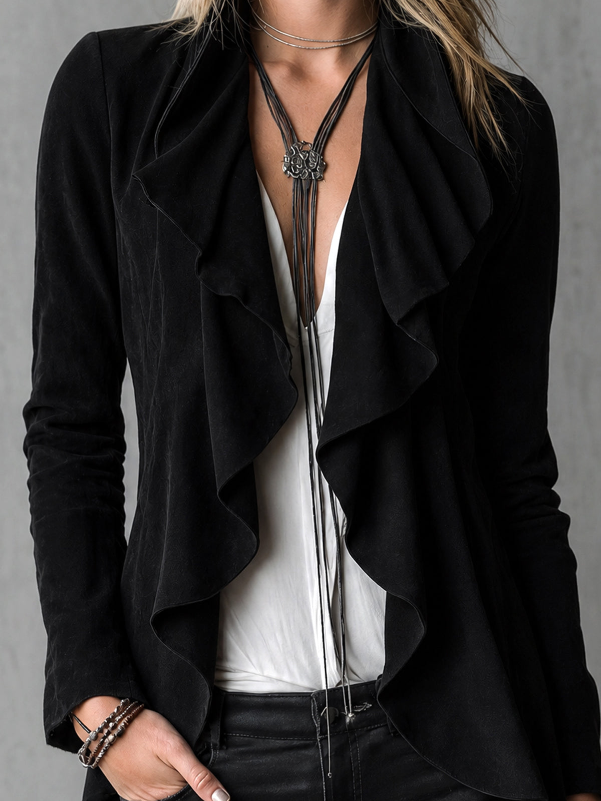 ElevenOra Chic Elegant Black Velvet Draped-Collar Ruched Detail Long-Sleeve Slim-Fit Cardigan