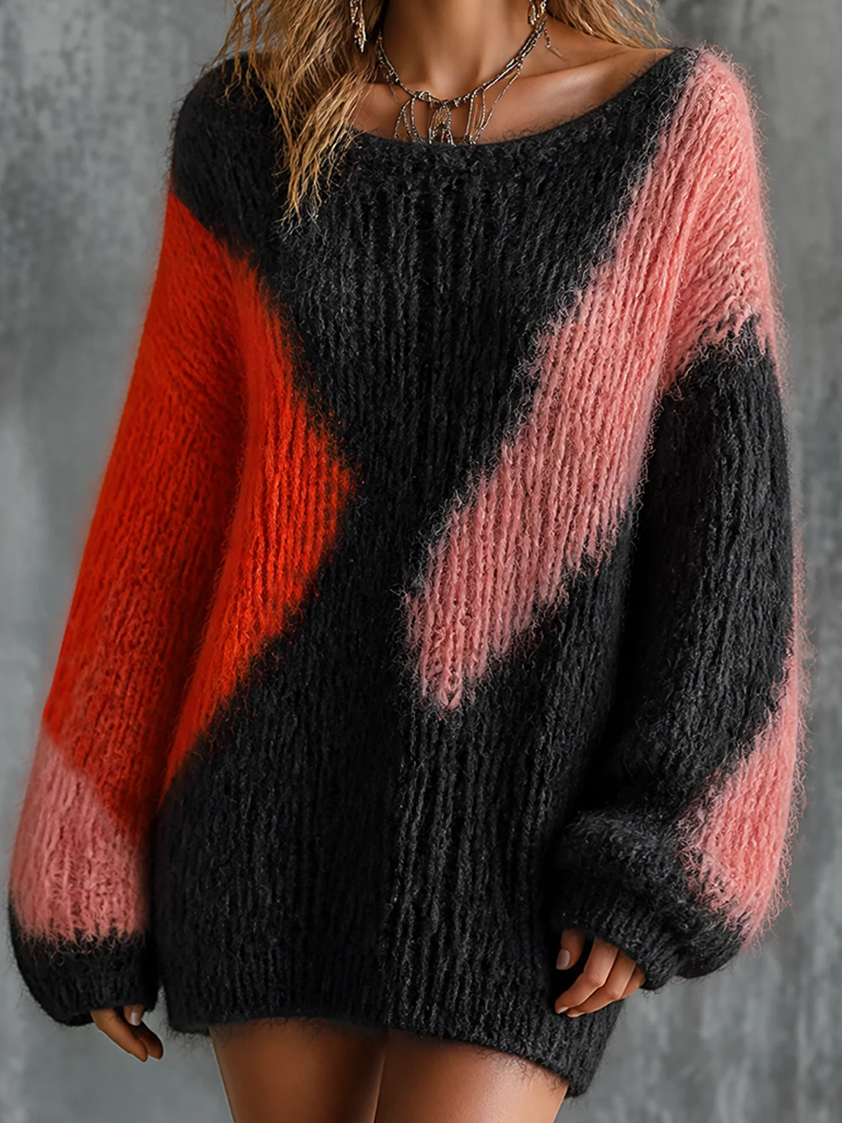 ElevenOra Chic Elegant Black-Pink Colorblock Round-Neck Dropped-Shoulder Long-Sleeve Loose-Fit Fuzzy Mohair Knit Mini Dress