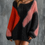 ElevenOra Chic Elegant Black-Pink Colorblock Round-Neck Dropped-Shoulder Long-Sleeve Loose-Fit Fuzzy Mohair Knit Mini Dress