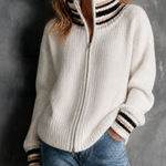 ElevenOra Chic Elegant White Stand Collar Zip‑Up Front Contrast Trim Dropped-Shoulder Long-Sleeve Loose-Fit Fuzzy Knit Cardigan Top